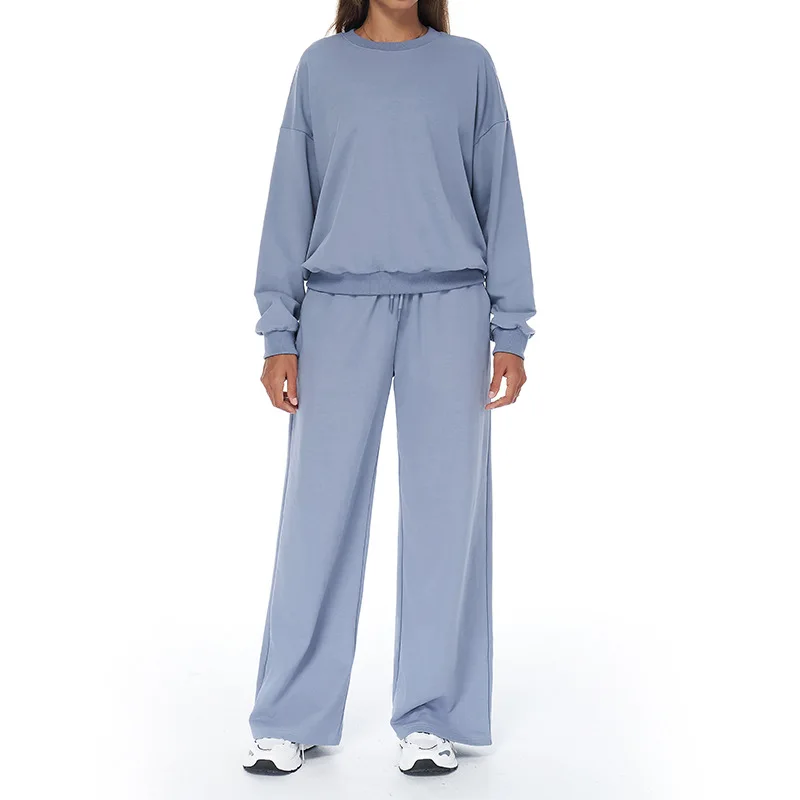 Autumn Winter Leisure Sports Sweat Suit High Waist Wide Legs Long Sleeve Breathable 2-in detail