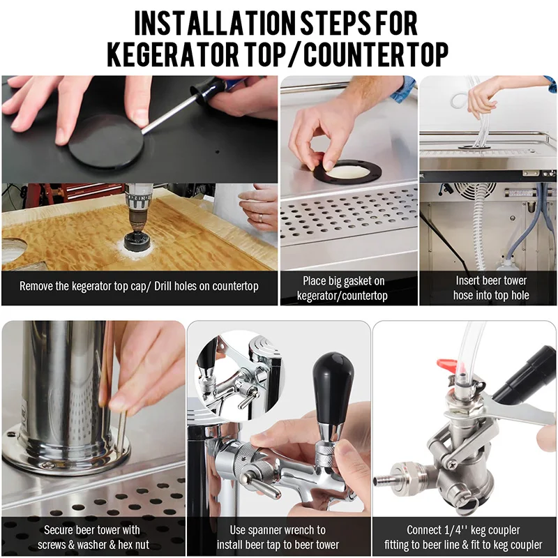 Dual Beer Faucet Tap Kegerator Tower With Beer Drip Tray,3'' Dia