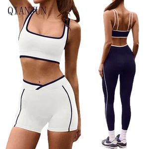 Hot Sale Women Fitness Gym Fitenss 3-Piece Yoga Suit Contrast Color High-strength Sports Bra High Waist Yoga Leggings Tracksuit