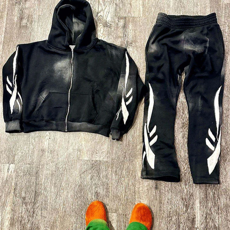 SALATI Custom High Quality Cotton Tracksuits French Terry Flared Sweatpants and Hoodie Men Streetwear Acid Wash Sweatsuit Set gallery 4