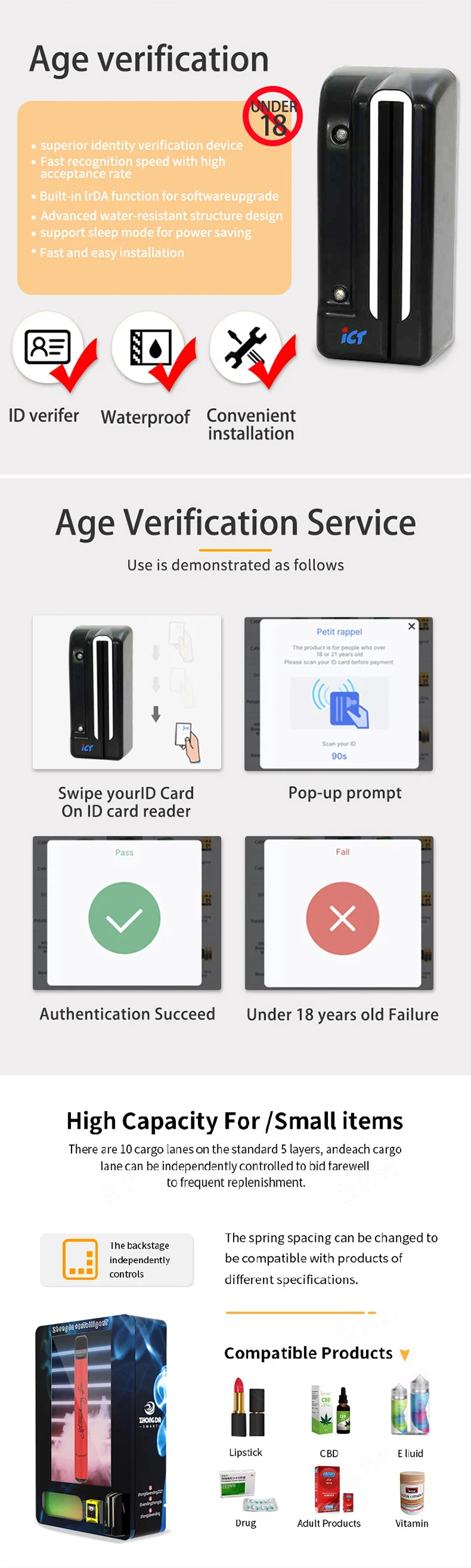 Id Card Reader Vending Machine Age Verification 32 Inch Mini Touch