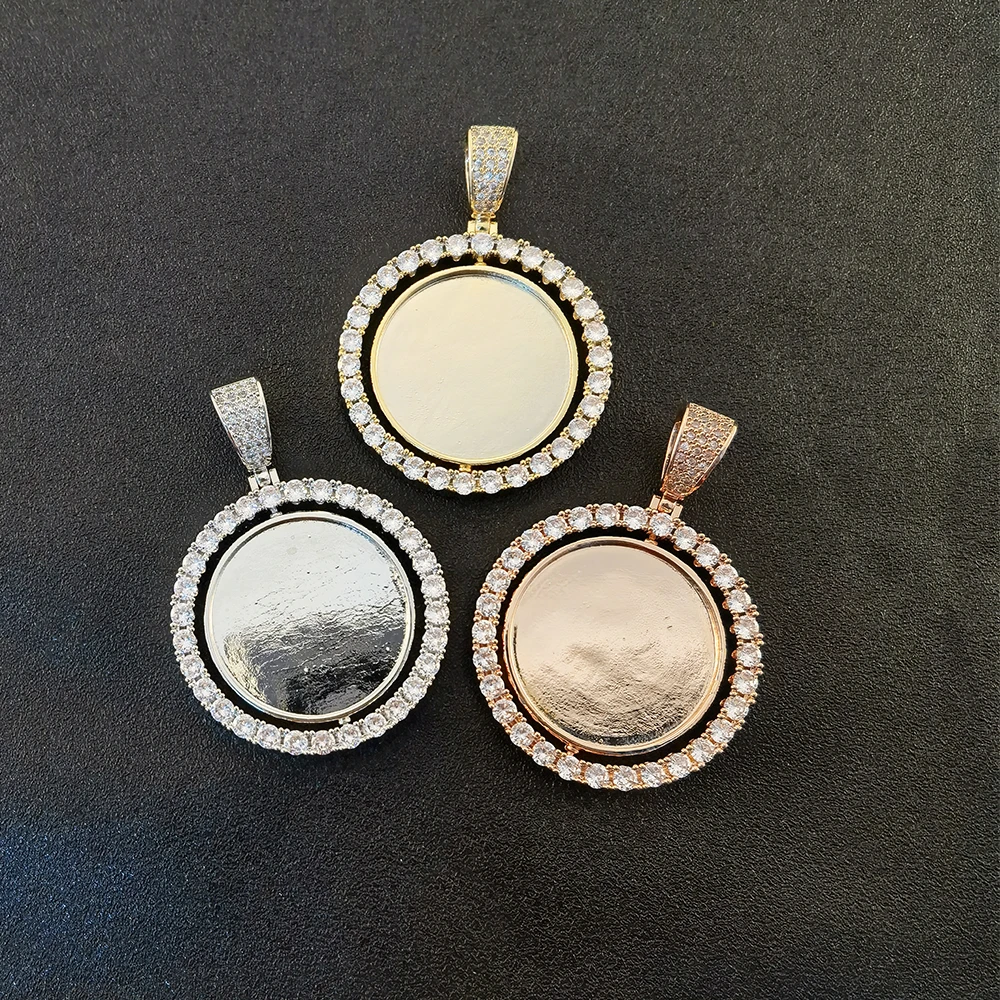 Custom Rotatable Round Gold Iced Out Pendants Hip Hop Necklace Sublimation Photo Locket Picture Pendant with Rope Chain