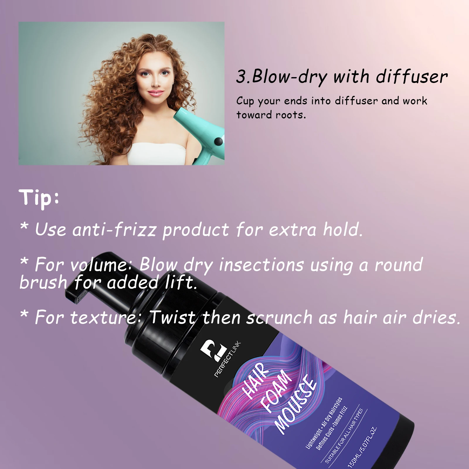 Private Label Hair Mousse Styling Foam Anti Frizz Strong Fast Styling