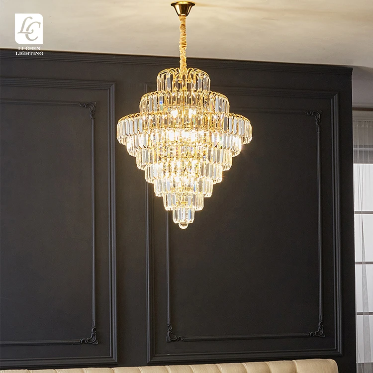 P0058 Luxury Round Gold Crystal Chandelier Modern Tiered LED Pendant Lamp for Living Room