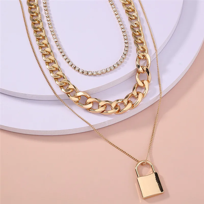 Long Layered Necklace Gold Lock Collar 