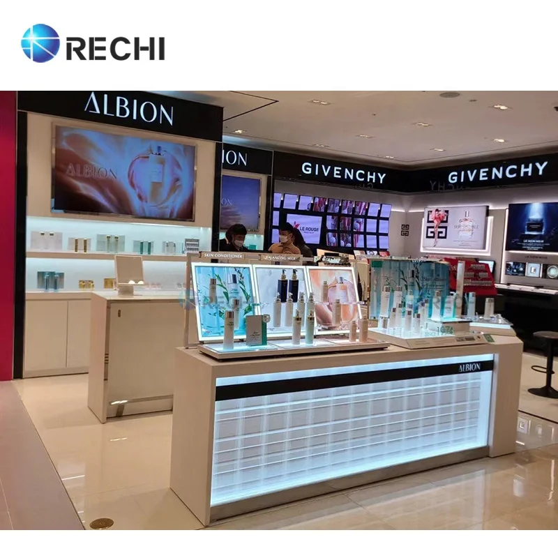RECHI Makeup Store Fixture Cosmetic Retail Display Counter Table With Shelf Skincare Display Showcase Kiosk for Beauty Salon
