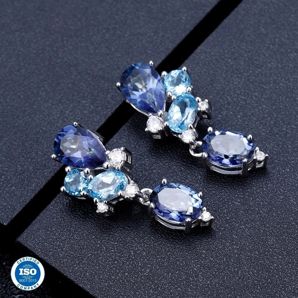 Orecchini pendenti in argento con topazio blu autentico a forma di pera e goccia - Italia