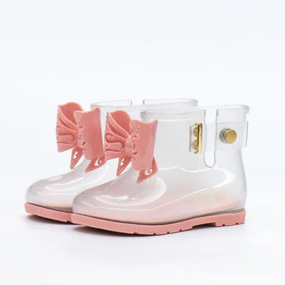 
Весна-Осень 2020, новый дизайн, водонепроницаемые Прозрачные блестящие детские дождевые сапоги из ПВХ с бантом 