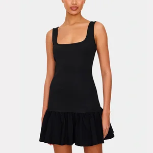 Custom Solid Black Sleeveless A-Line Mini Dress for Women Square Neck Tiered Design Dropped Waist Factory Direct Plain Dyed