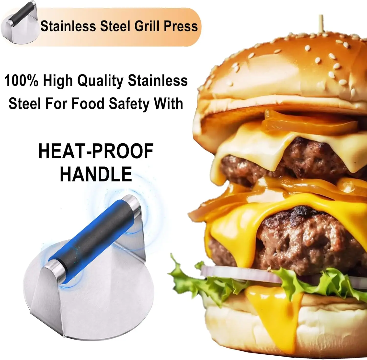 Smash Burger Press with Anti-Scald Handle Stainless Steel Burger Smasher Includes Grill Tongs & Grill Spatula Accessories Kit