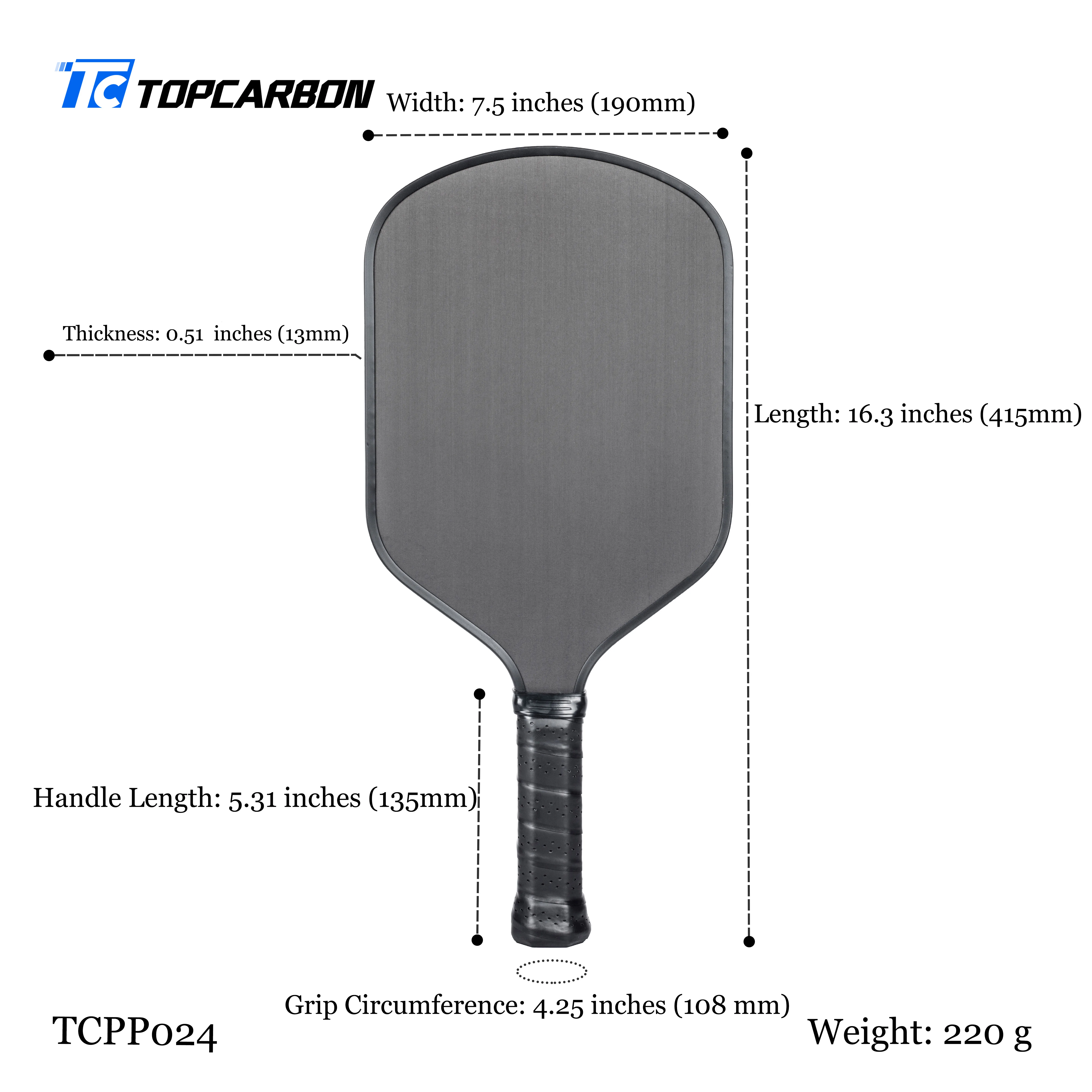 Весло Toray для пиклбола из углеродного волокна T700 с текстурой канавки 13 мм 16 в