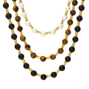 Vintage Natural Stone Tiger Eye Bamboo Ot Clasp Collarbone Necklace Stainless Steel Pearl Beaded Necklaces for Women