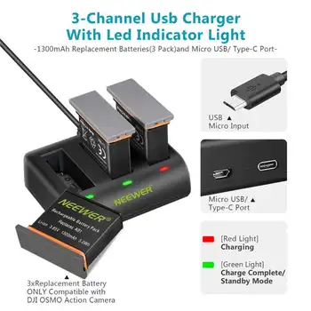 Neewer Battery Charger Set for DJI OSMO Action Camera (3-Pack 1300mAh AB1 Replacement Battery, 3-Channel Charger detail image