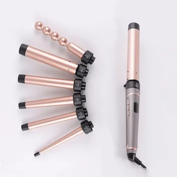 Multi- barrels Rose Gold 6 in 1 LCD Temperature Display Hair Curling Iron set with Heat Resistant Glove for Salon