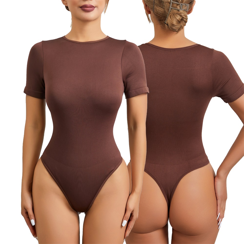 Custom Gym Women Round Neck Seamless Sleeved Thong Panties Tummy Control Shapewear Bodysuit Underwear Waist Trainer Shaper