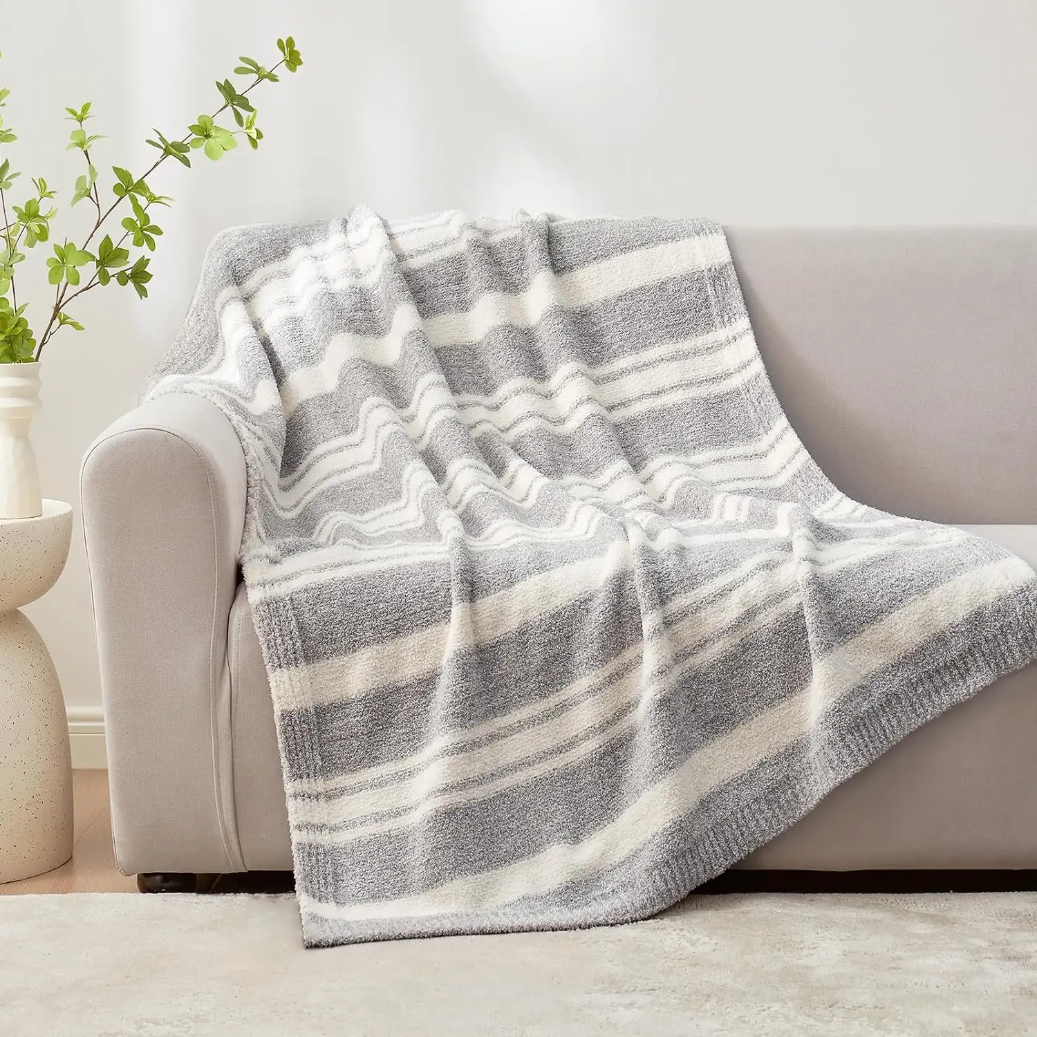 Super Soft Reversible Knitted Throw Blanket Lightweight Microfiber Couch Sofa Bed Camping Picnic Stripe Warm Cozy Fuzzy Plush details