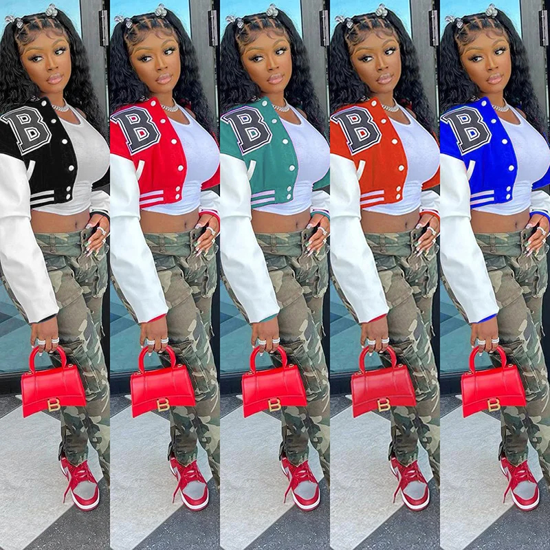 2022 Лоскутная тренировочная повседневная женская укороченная летняя куртка, модная бейсбольная куртка-бомбер с синелевыми нашивками