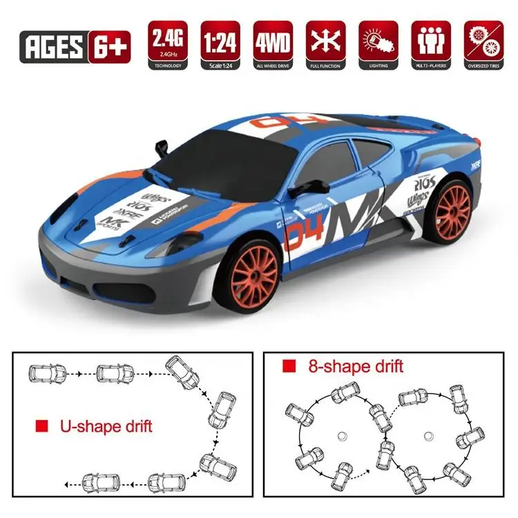 1/24 2.4G 4Ch Remote Control Toy Race Car 4WD Wheel Drift RC Vehicle with USB Cable Charger