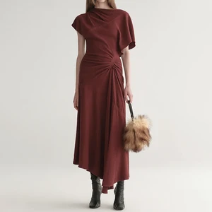 ZYHT 73964 Burgundy Popular Ruch Pleated Short Sleeve Asymmetric Neck a Line Hem Midi Women Casual Dress