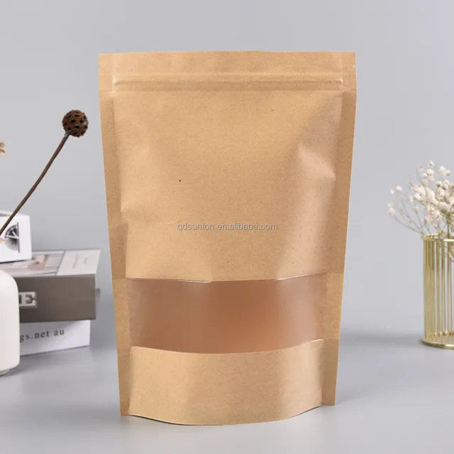 Custom High Quality Kraft Paper Bags With Transparent Window Paper Stand Bags Pack Dried Fruit Foods