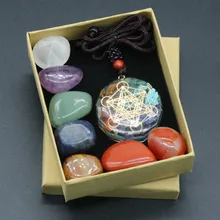 7 Chakra Tumbled Polished Stone With Chakra Necklace Round Chips Resin Necklaces In Gift Box Set