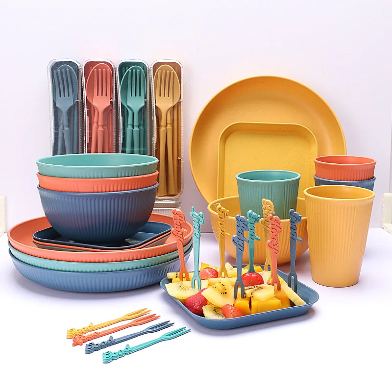 48-Piece Kitchen Wheat Straw Dinnerware Sets Unbreakable Reusable Outdoor  Camping Plates Cups Bowls and Dessert Plates Set