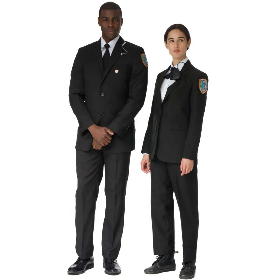Classical Navy Blue Jacker and Pant Set With Embroidery Patches Custom Mens Officer Security Guard Uniform