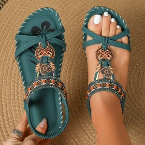 Plus Size Open Toe Outdoor Beach Sandals Flat Flower Rhinestone Breathable Summer Features Wholesale Roman Sandals for Women