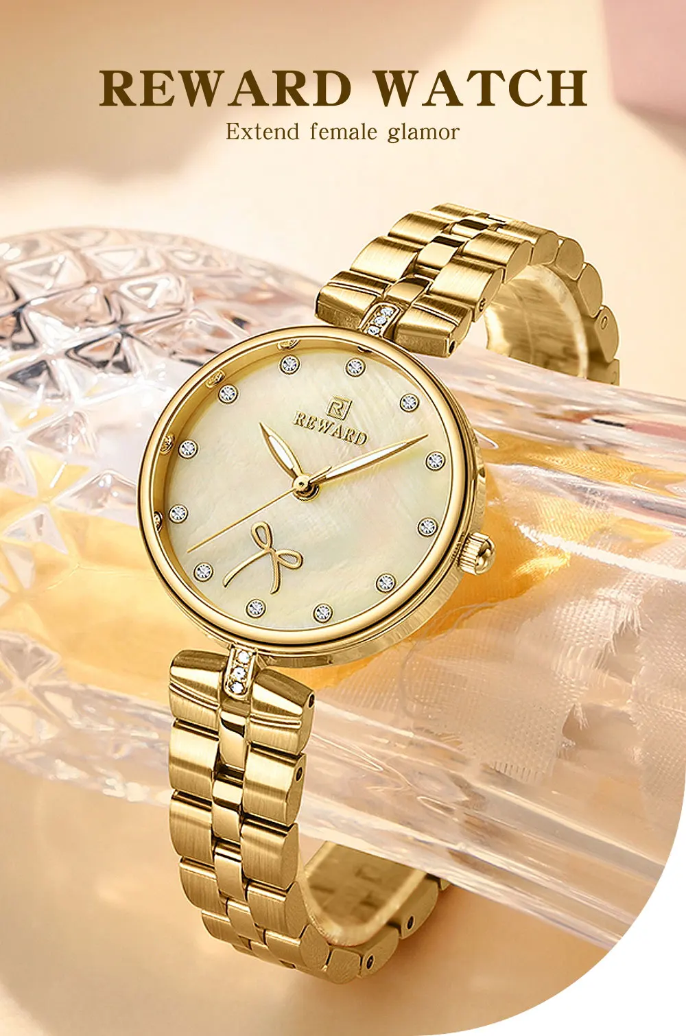 REWARD New Simple Thin Quartz Watches for Women Shell Dial with Rhinestones Clock Female Stainless Steel Band Wristwatch