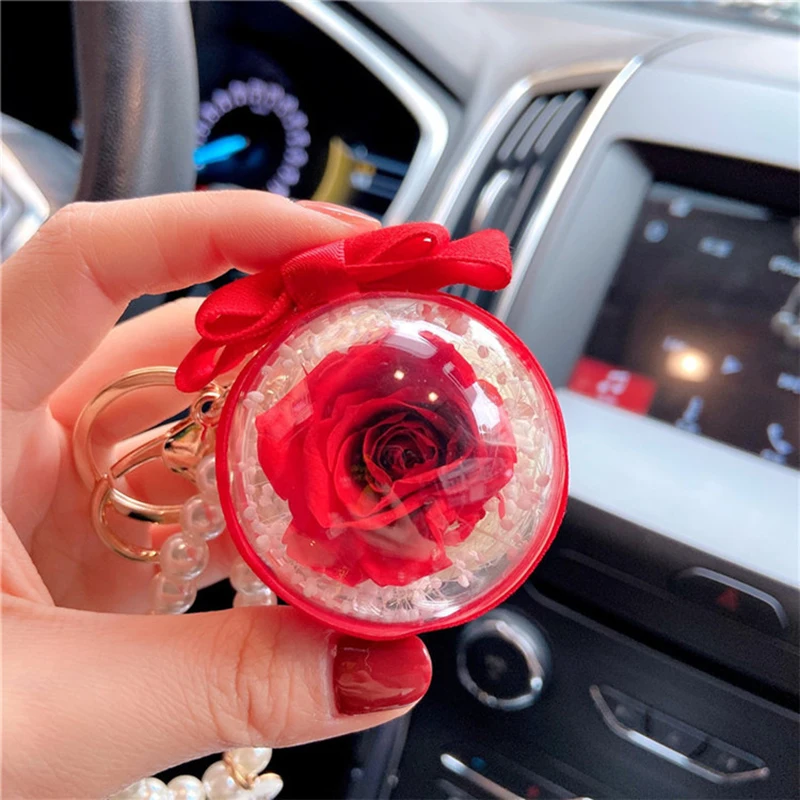 product factory wholesale preserved rose everlasting flower acrylic ball key chain for women girls car hanging valentines day gift-62