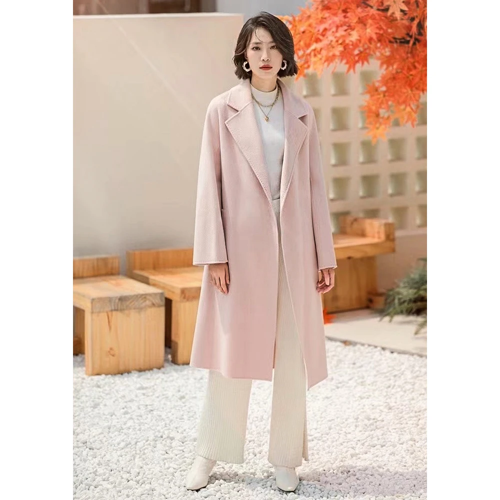 High Quality Solid Cashmere Coats for Women Elegant Luxury Blend Trench Coat Belted Solid Color Elegant Overcoat