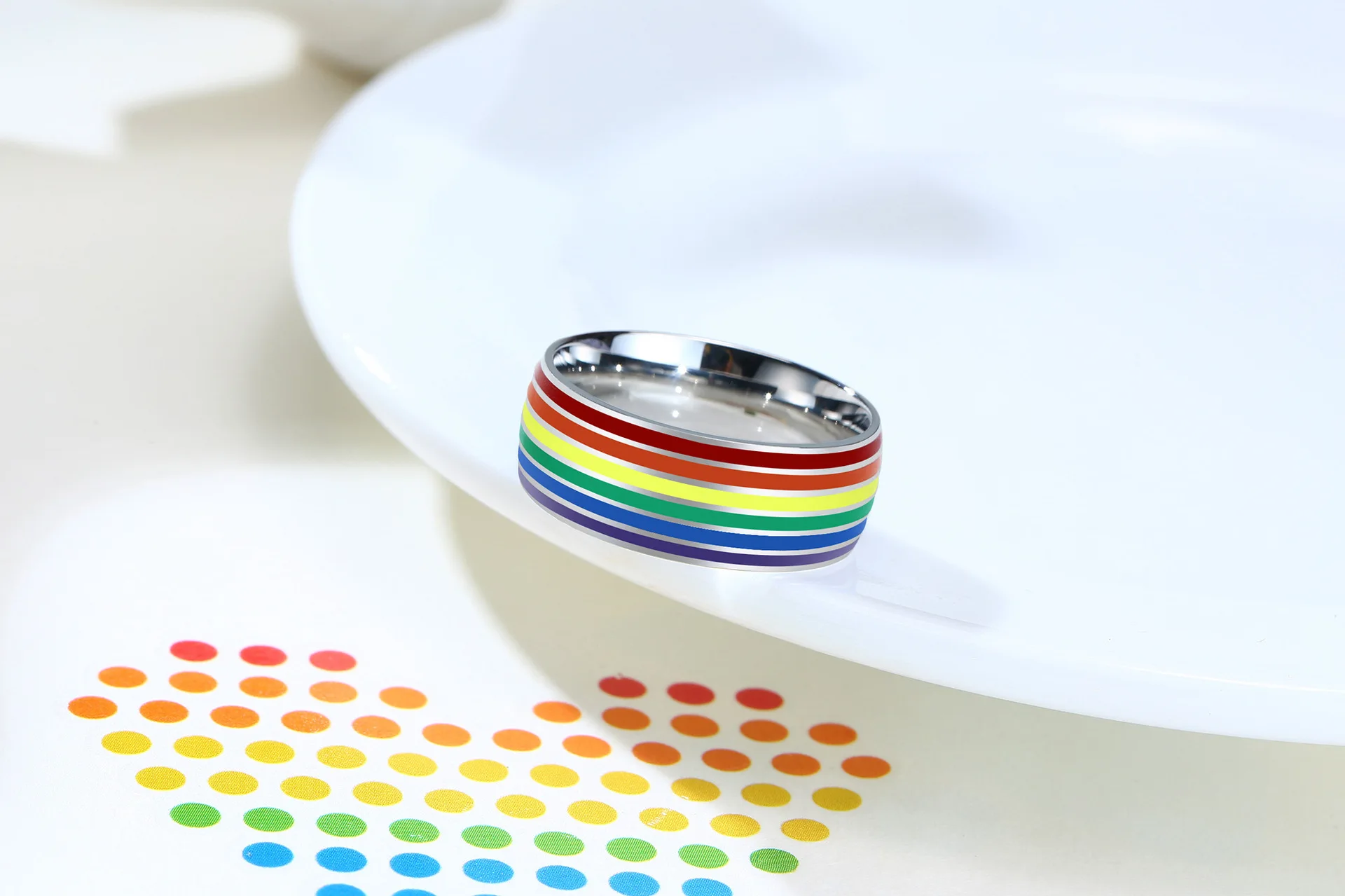 8mm Stainless Steel Enamel Rainbow Lgbt Pride Ring For Lesbian And Gay