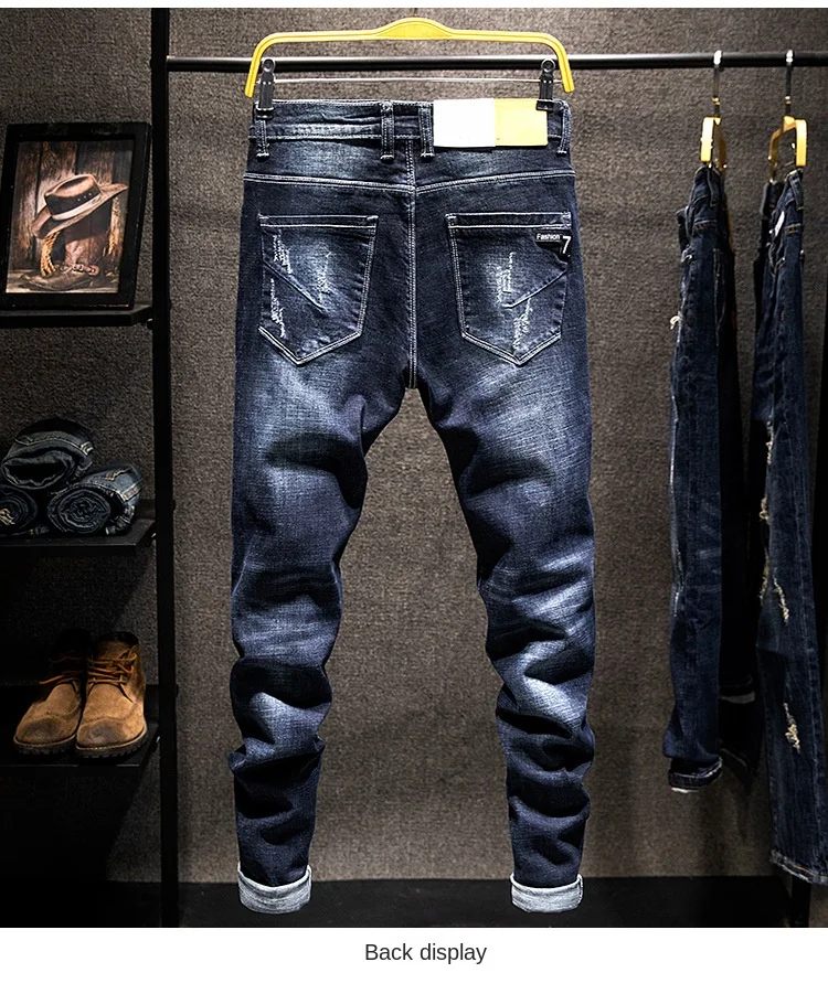 Nuovo inverno elasticizzato strappato moda versatile versione coreana slim semplice uomo piccolo piede pantaloni jeans uomo 2024_voghion.com
