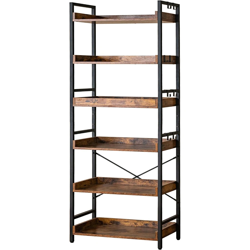 Adjustable 6 Tier Open Modern Wood Black Metal Bookcase with Back Panel Home Office Living Room Bedroom