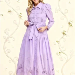 Women's Cotton Translucent Maxi Embroidered Solid Pattern Shirt Dress Tie Waist Ruffled Trim Button Decoration Garden Parties