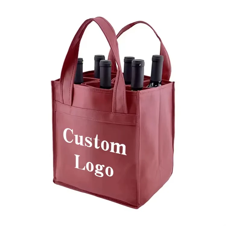 Wholesale Bulk Custom Printed Eco-friendly 100% Recycled Non Woven Fabric Durable Shopping Packaging 6-Bottle Wine Tote Letter