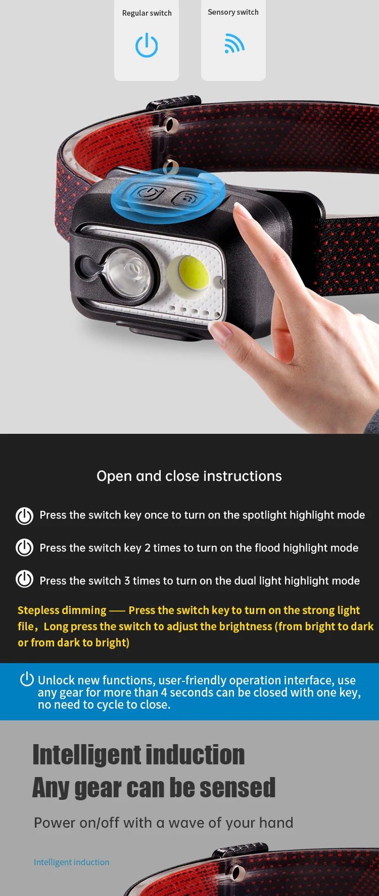 Powerful Waterproof Rechargeable LED COB Motion Sensor stepless dimming Headlamp Headlight for Outdoor Camping Hiking factory