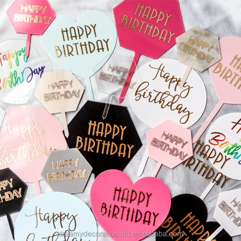 Mixed 30 Designs Happy Birthday Circular Acrylic Cake Cupcake Topper with Gold Embossing
