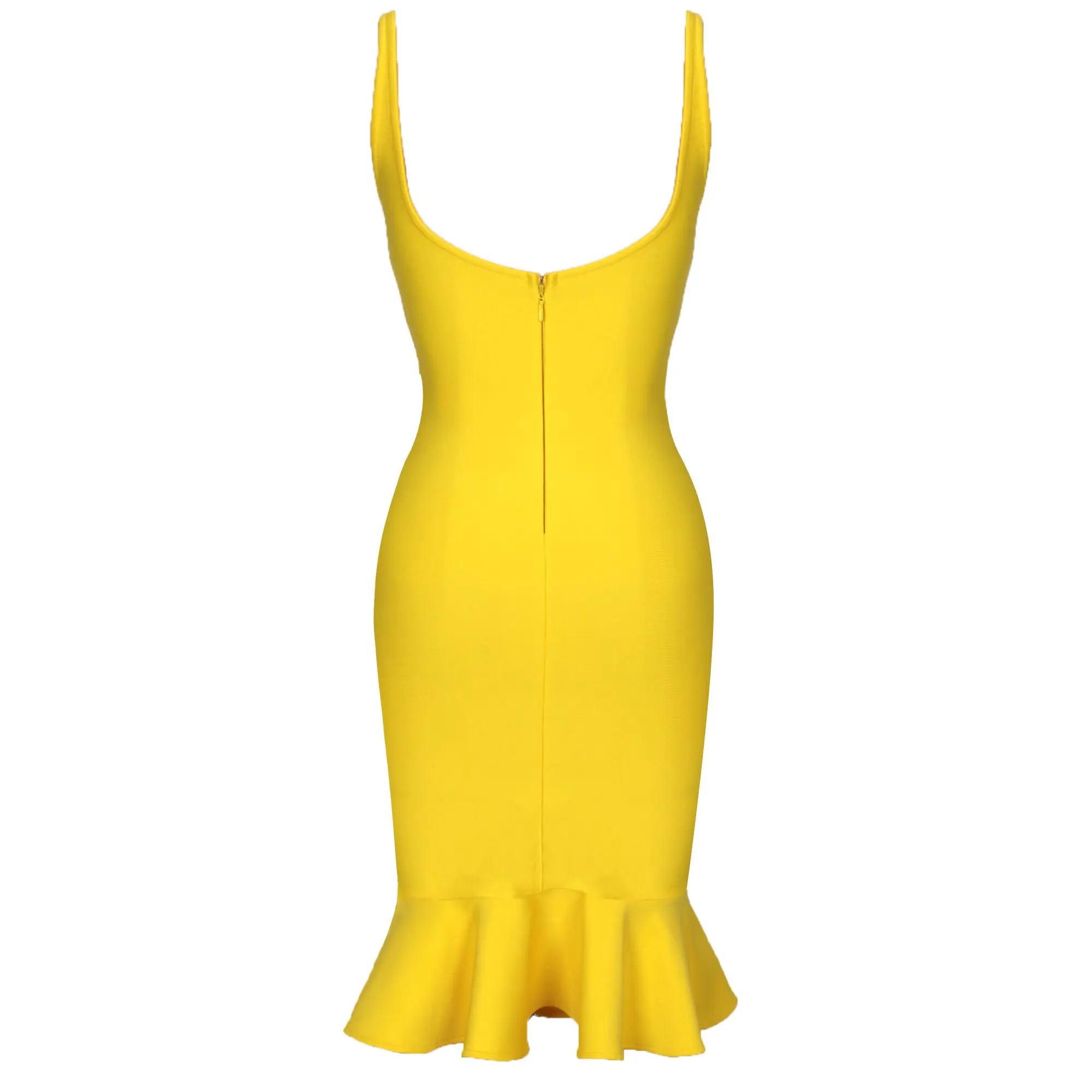 Yellow Dress Strappy Sleeveless Frill Midi Bandaged Dress