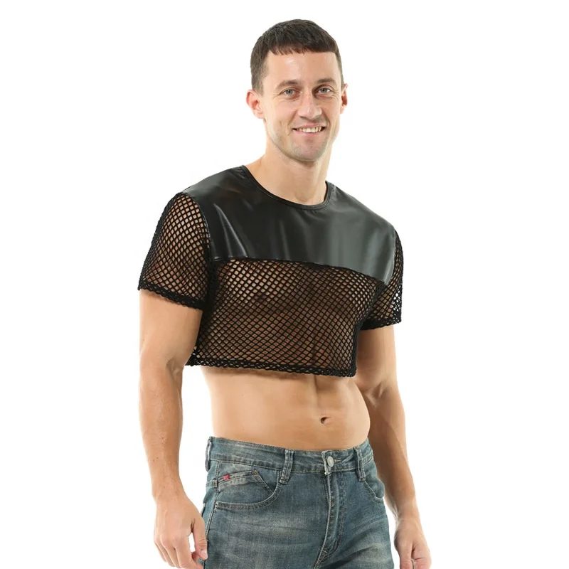 Magliette divertenti da uomo Crop Top in pelle Sexy Fishnet Club
