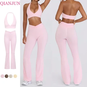 Custom Gym Wear Women Fitness Clothes High Yoga Set Breathable V-Neck Sports Bra High Waist Legging Activewear Set