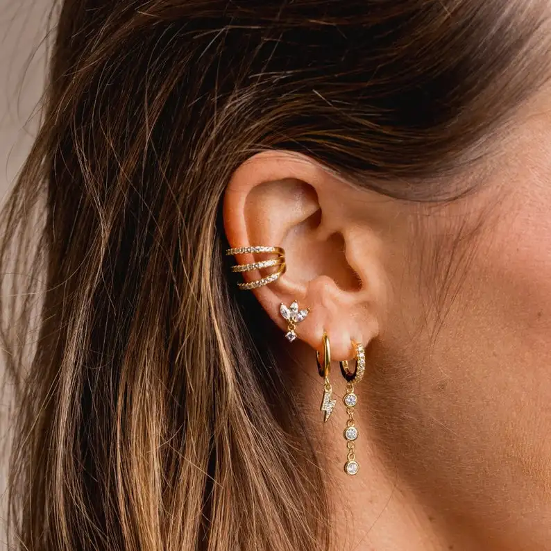 Clip on Earrings Triple Line Gold Silver Plated CZ Crystal Ear Cuff Pendientes De Clip Women Earrings Ear Wrap Ear Cuff Brincos