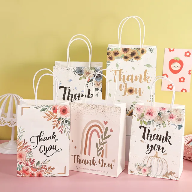 Customized logo new gift bag fashionable and exquisite flower series thank you portable paper bag kraft paper bag
