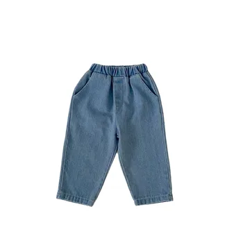 2025 Autumn Korean Children's Solid-color Jeans Trendy Style Casual Pants for Little Boys and Girls Loose Outerwear Pants