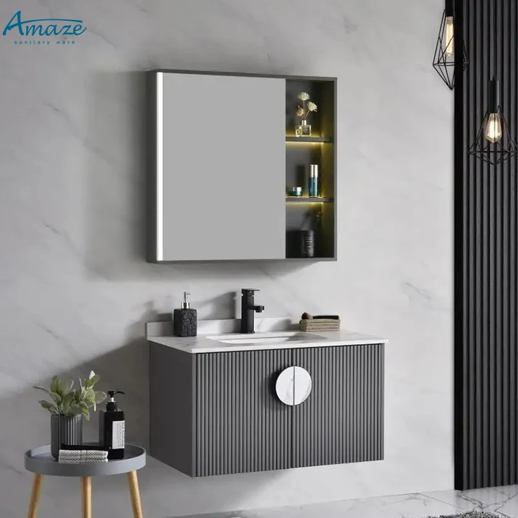 Factory custom dark grey waterproof new design plywood wall mounted bathroom sink vanity cabinet set manufacture