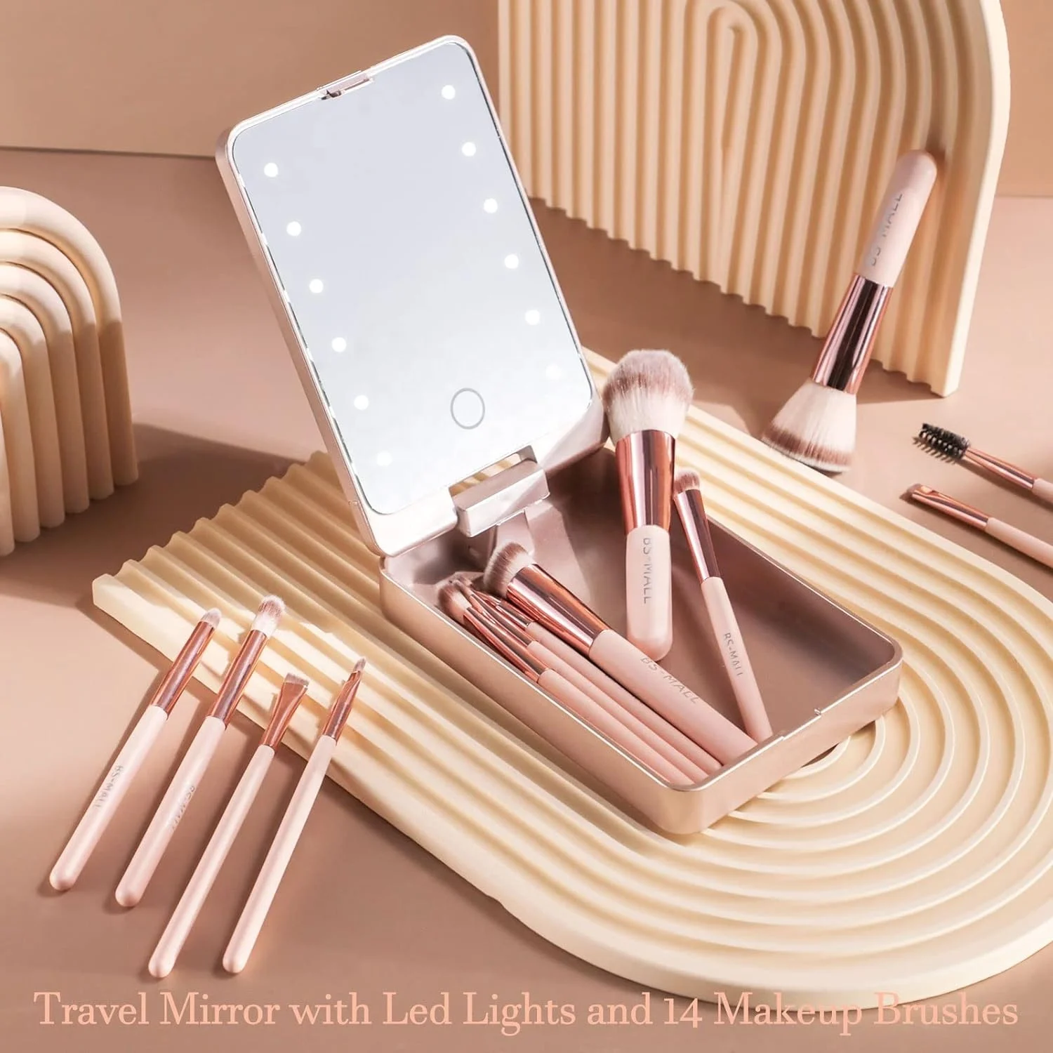 BS-MALL Travel LED Mirror Makeup Brush Set 14PCS Private Label Synthetic  Brushes Makeup Set With LED Mirror Case