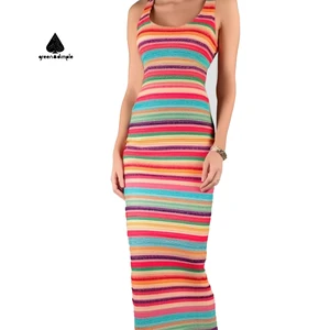 Custom High Quality Eco-Friendly Knitted Minimalist Elegant Dress Women's Suspender Bodycon Color Stripes Dress