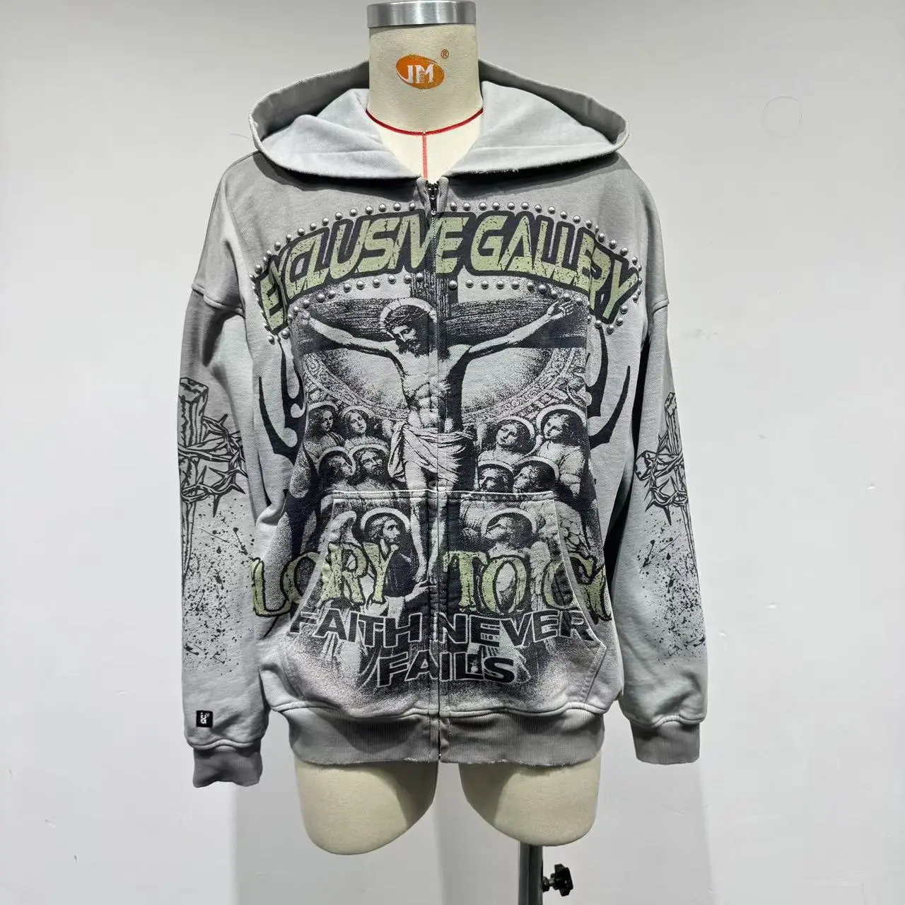 Wholesale Custom High Quality Rhinestone Hoodie Print Zip up Hooded Heavyweight Sun Faded Wash Sweatshirt Hoodies for Men
