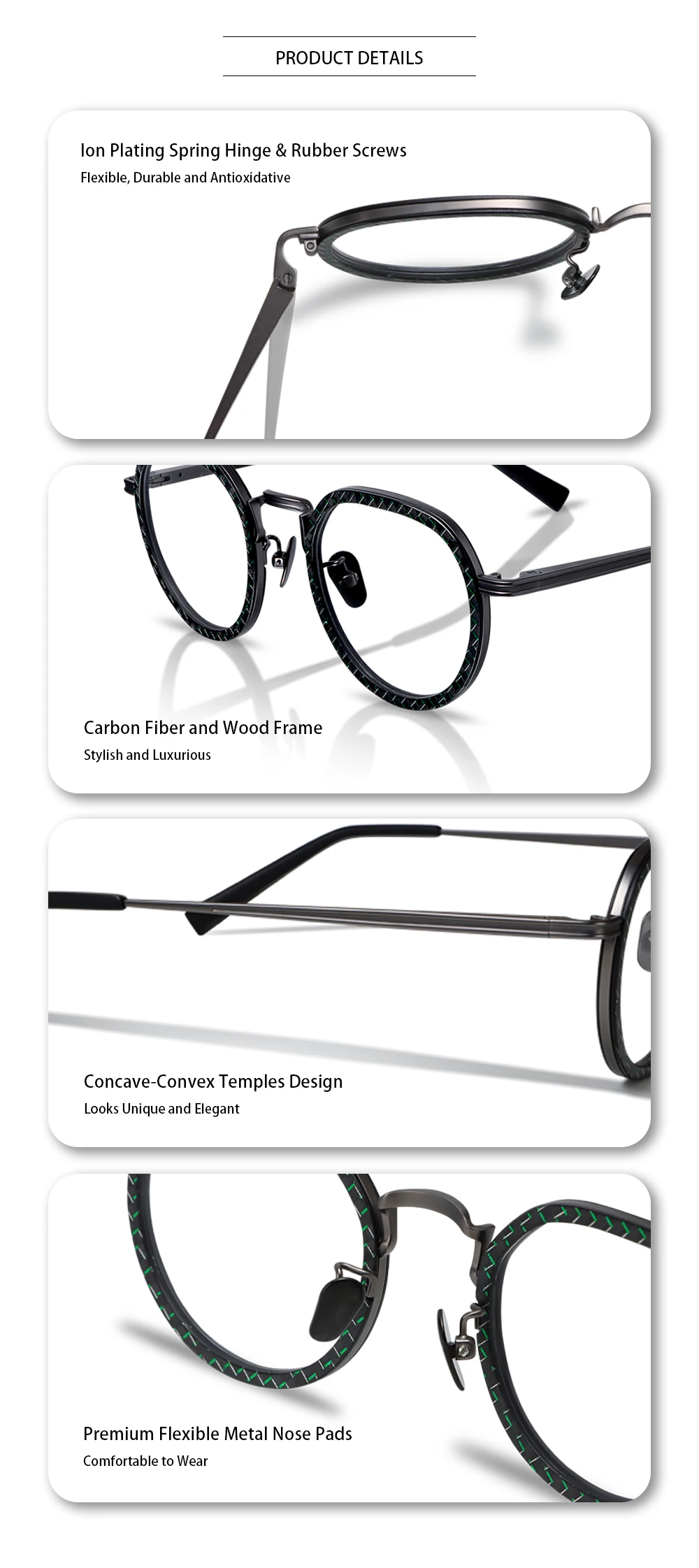 Yeetian High End Unisex Round Eco Carbon Fiber Grey Woodgrain Frames