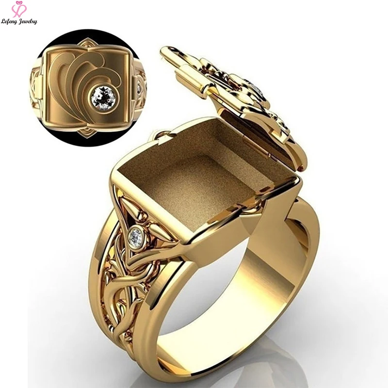 Lefeng Hip Hop High Quality Creativity Stainless Steel 18K Gold Plated Jewelry Men'S Box Flip Open Locket Ring